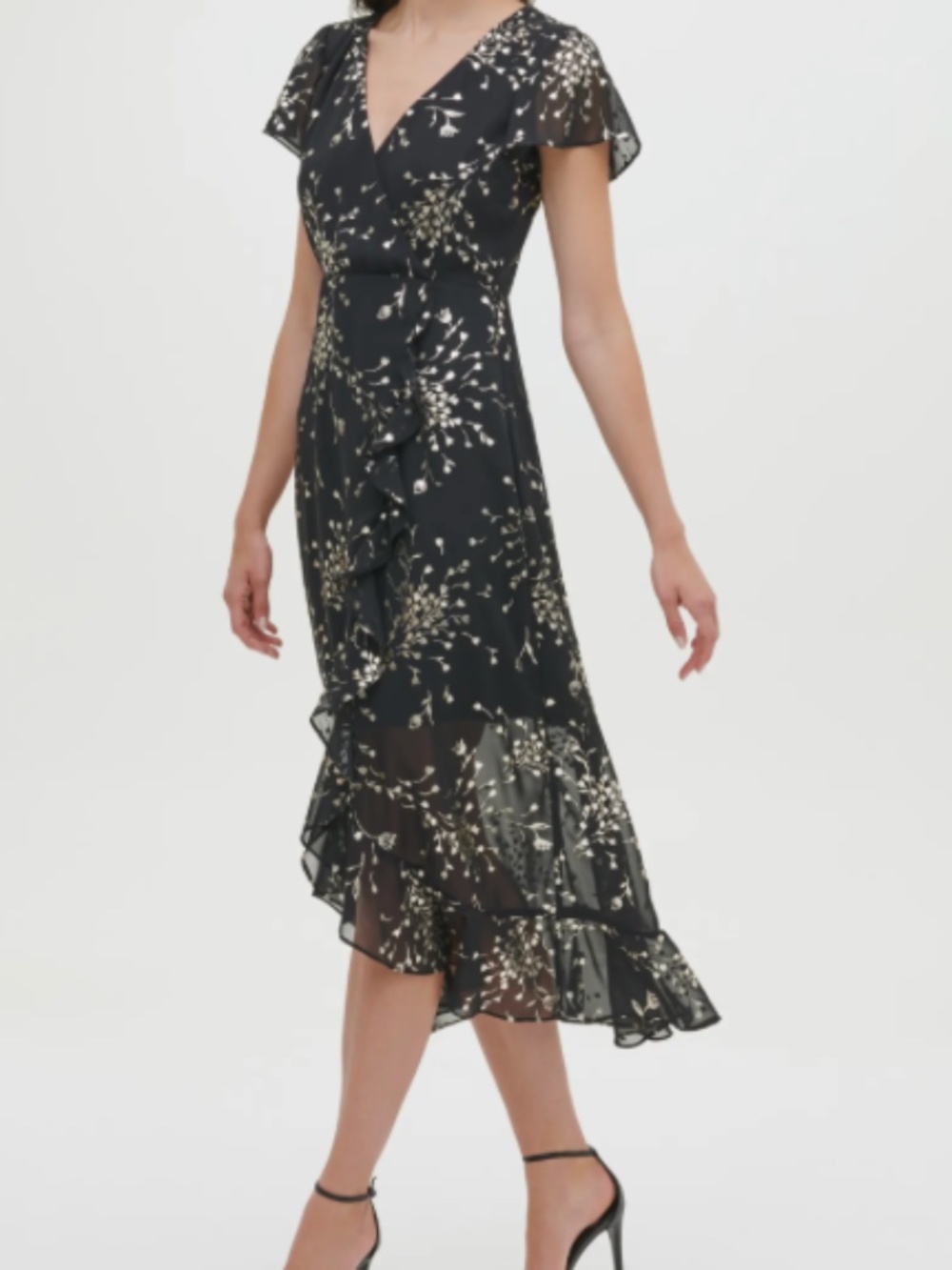 NWT Kensie Black & Gold Metallic Floral Short Sleeve Faux Wrap Midi Dress sz 12